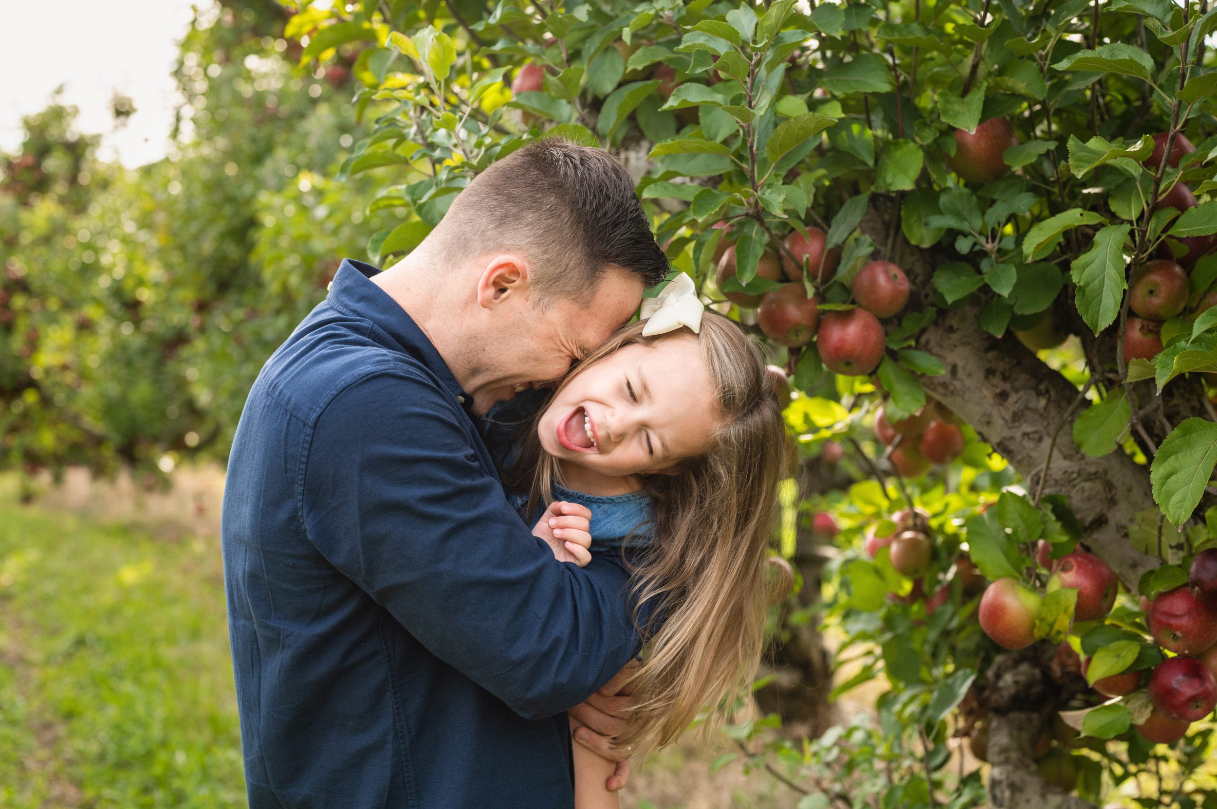 A dad making his daughter laugh by blowing raspberries on her neck in an apple orchard during a family photo session