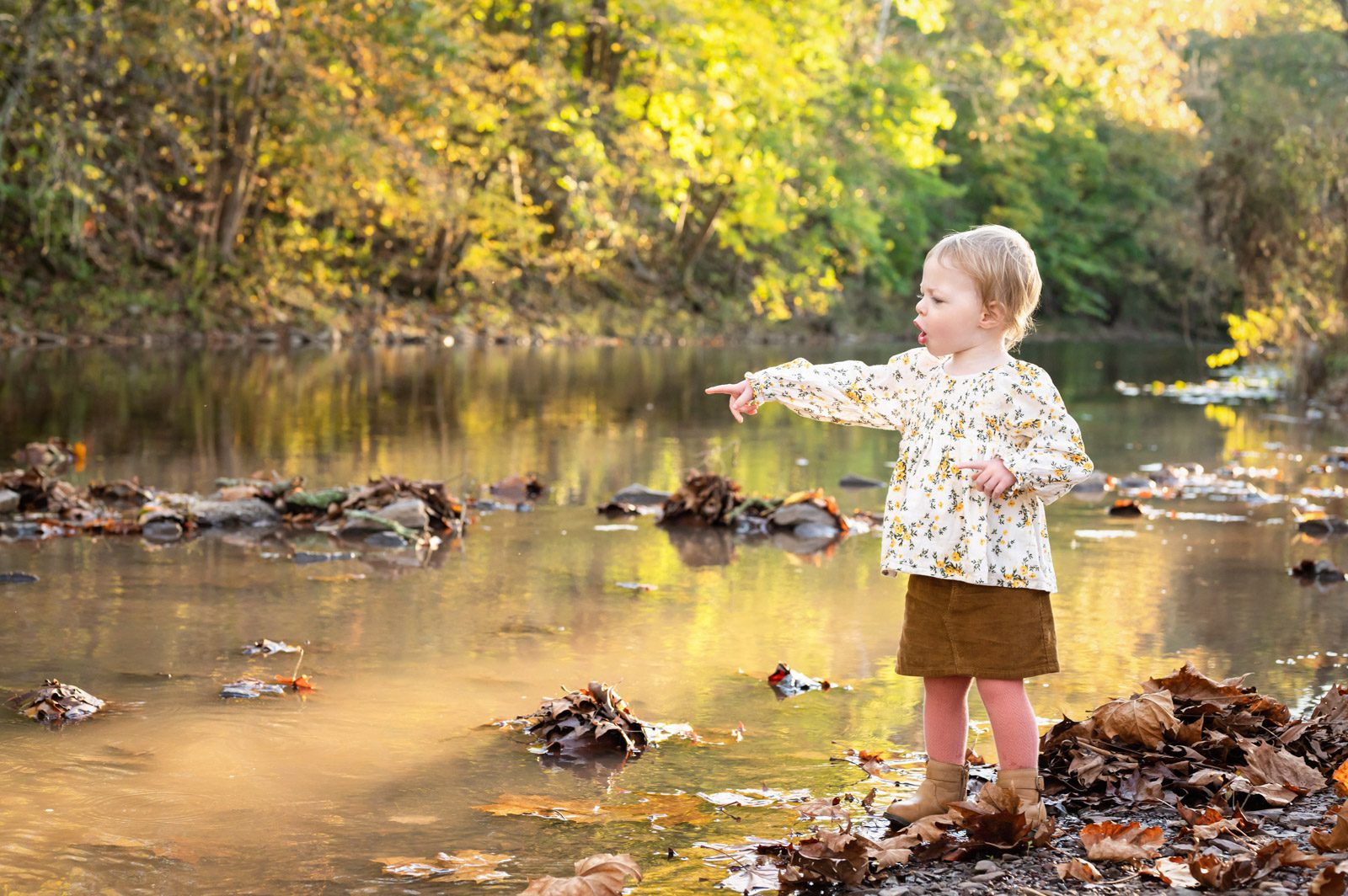 A young girl standing next to a creek and pointing toward the middle of the creek with a surprised expression during a family photo session