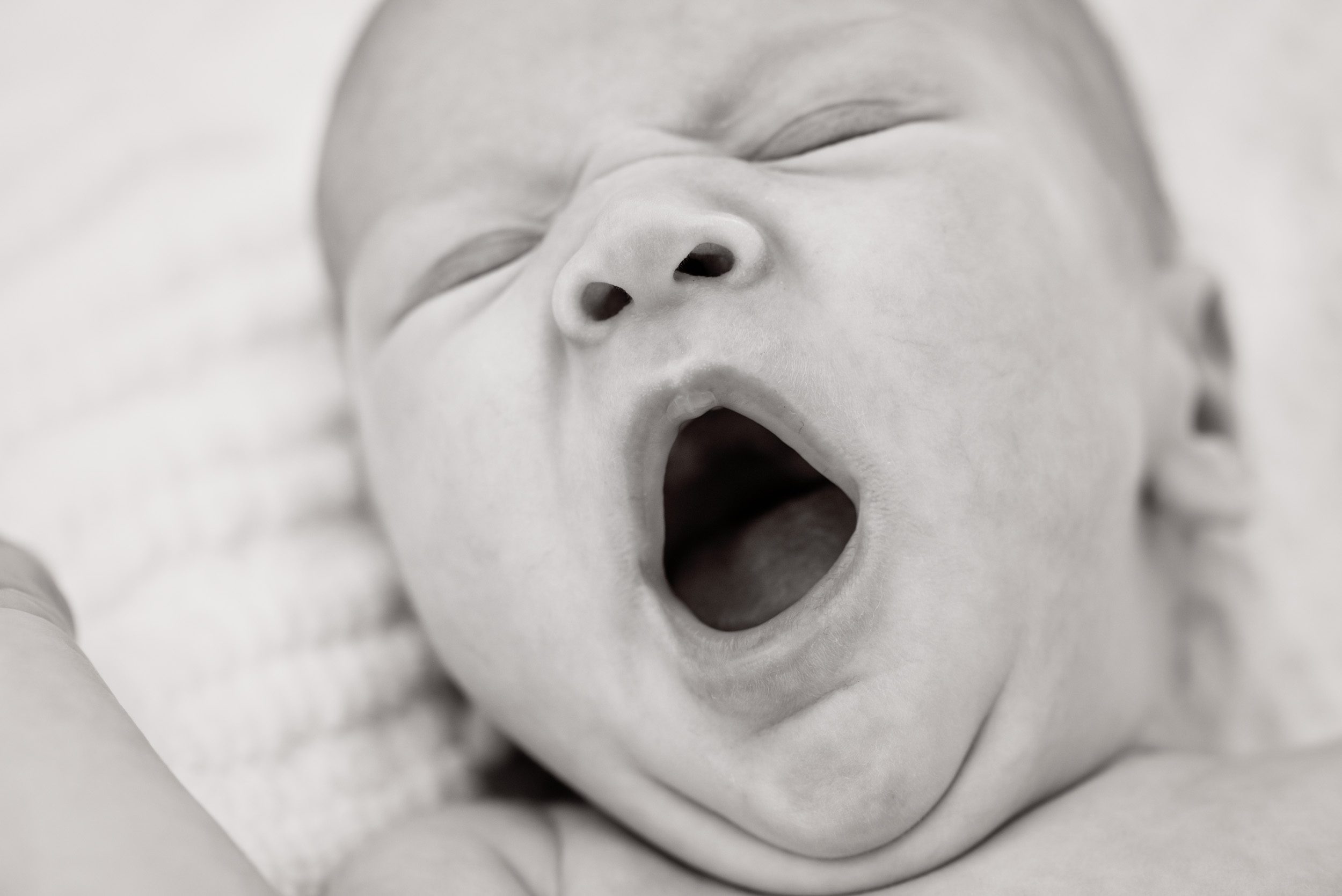 Black and white close-up of a newborn baby boy yawning during a natural newborn photo session