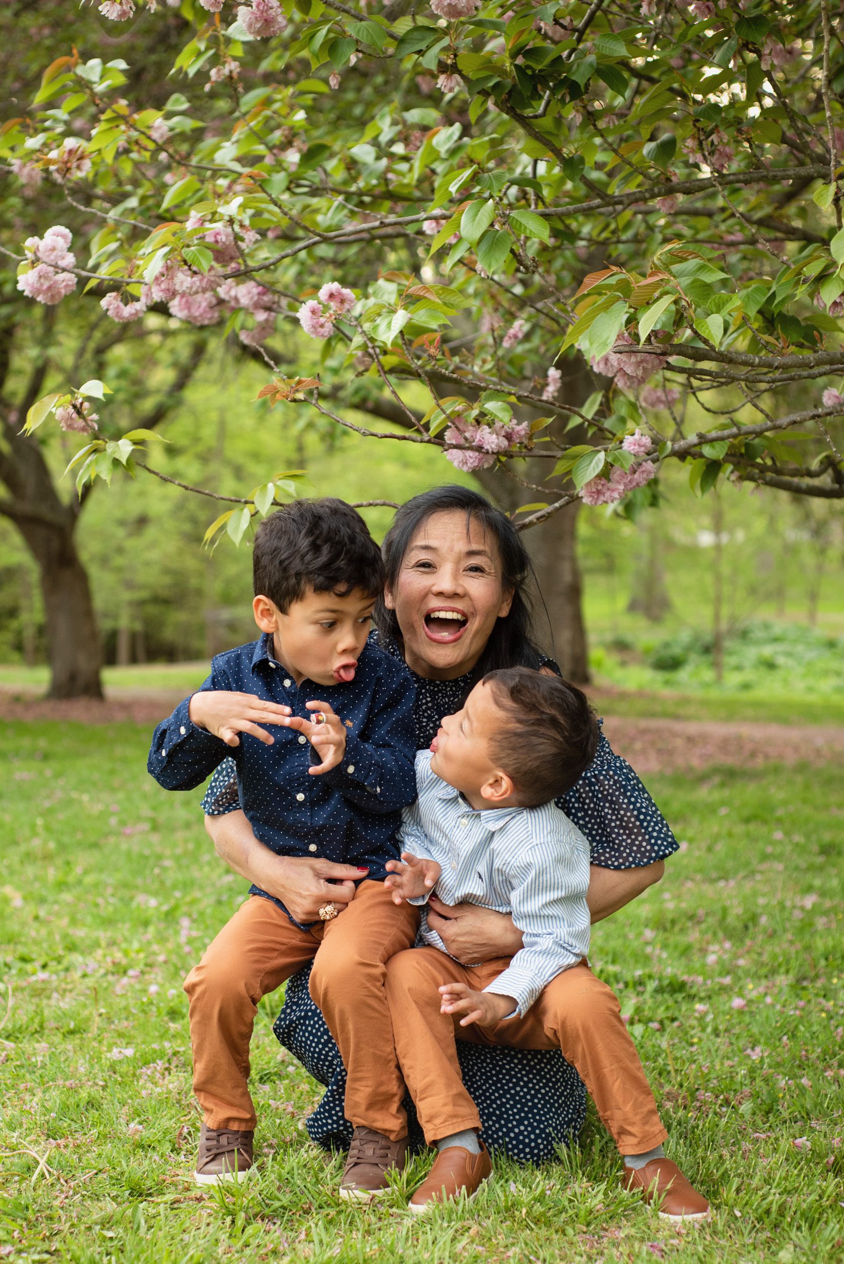 A grandmother laughing while her two grandsons make silly faces at each other on her lap during an extended family photo session