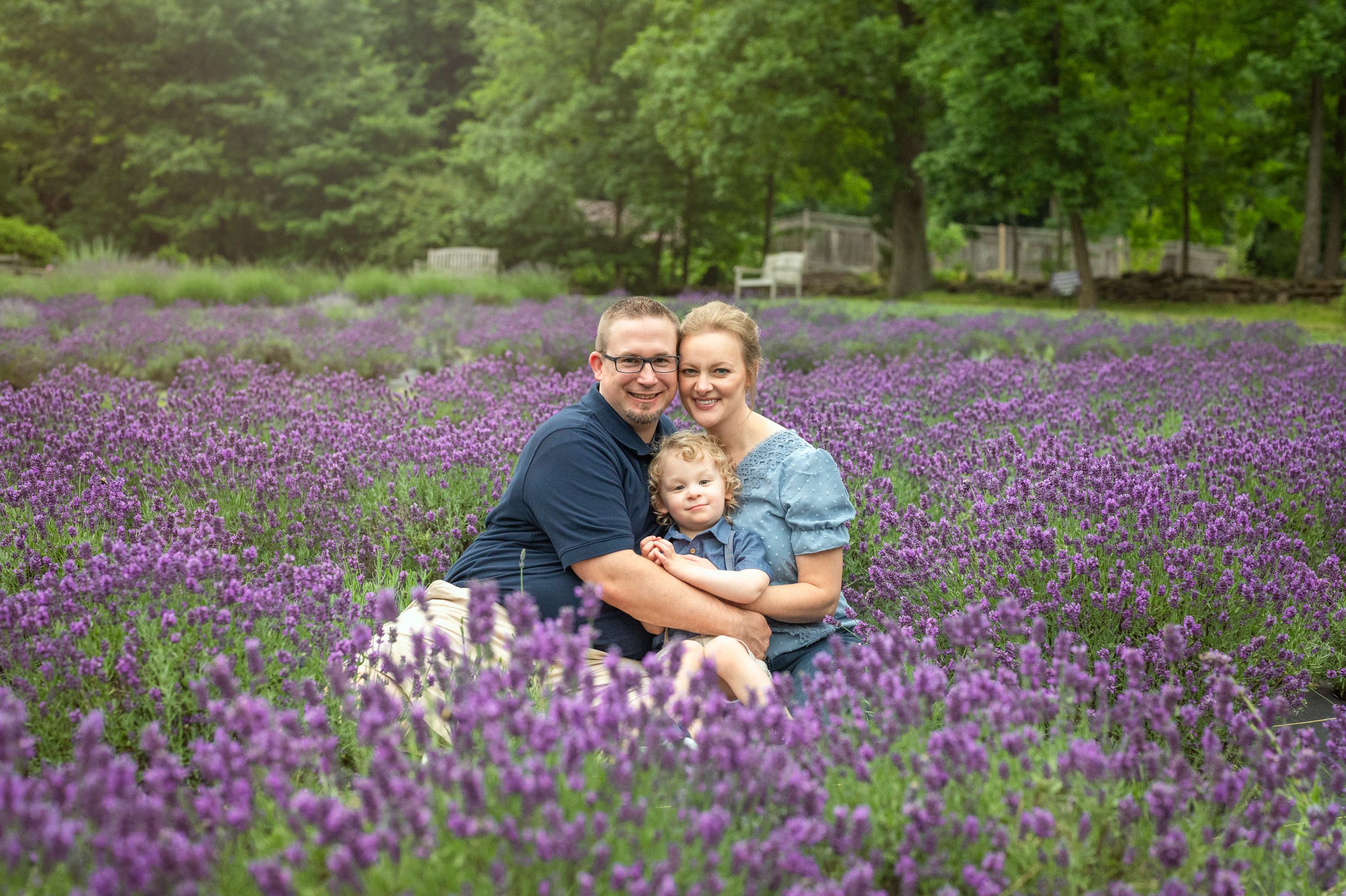 parents and their young son sitting in a field of purple lavender and smiling at the camera during a family photoshoot