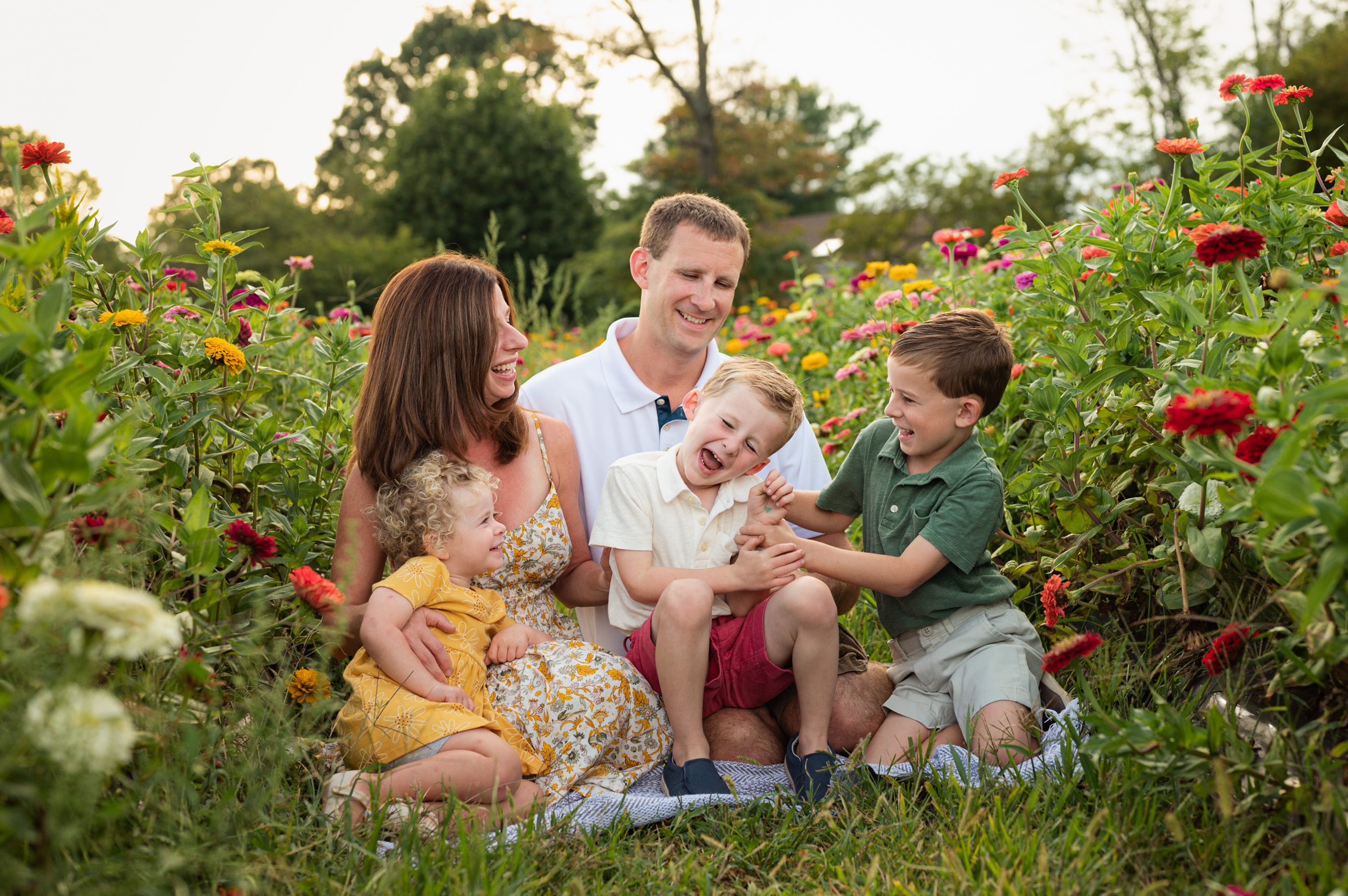 a family of five sitting in a field of colorful flowers and laughing as the older brother tickles his younger brother during a family photoshoot
