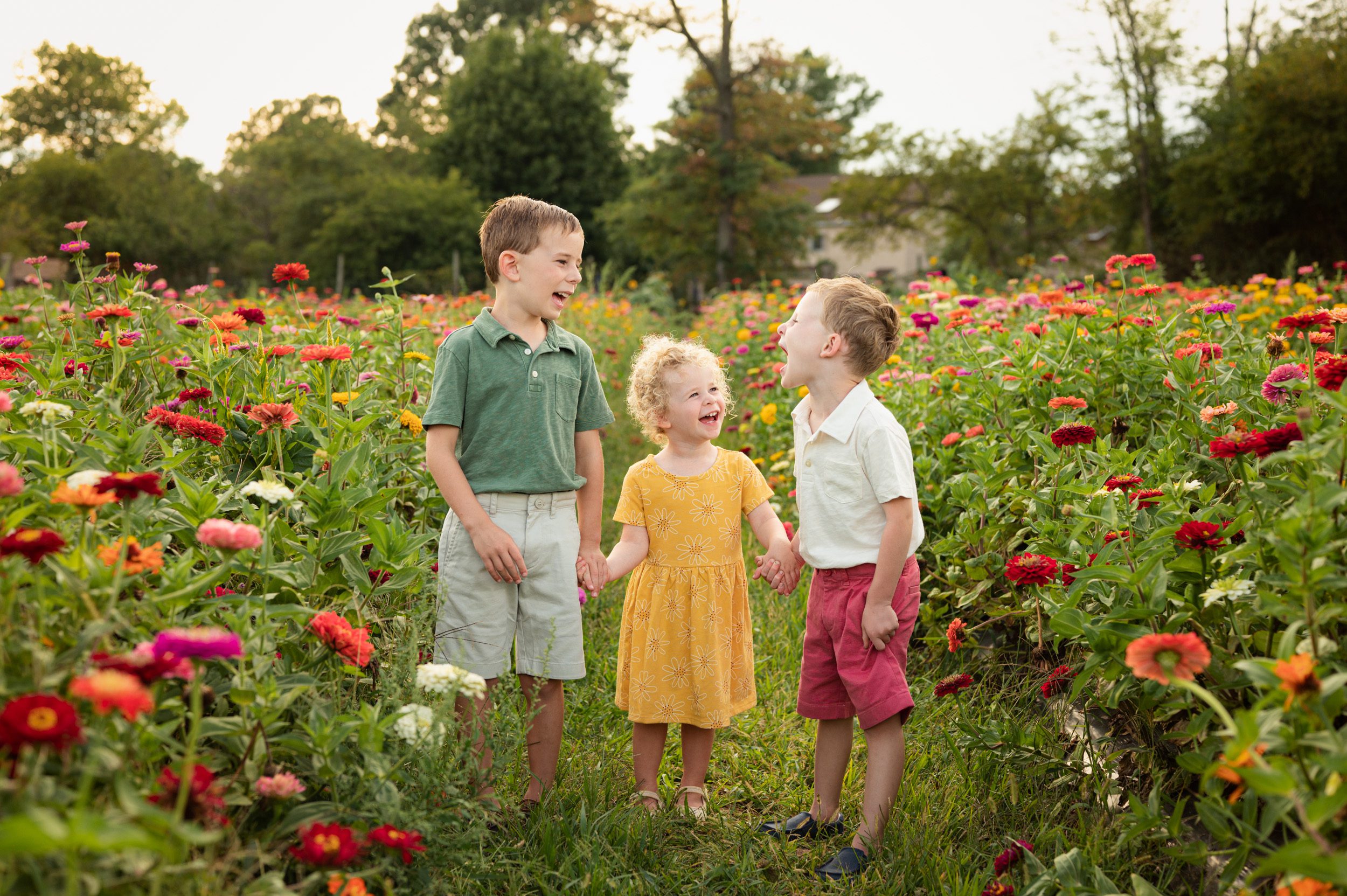 three siblings standing in a colorful flower field and looking at each other and laughing during a philadelphia family photo session