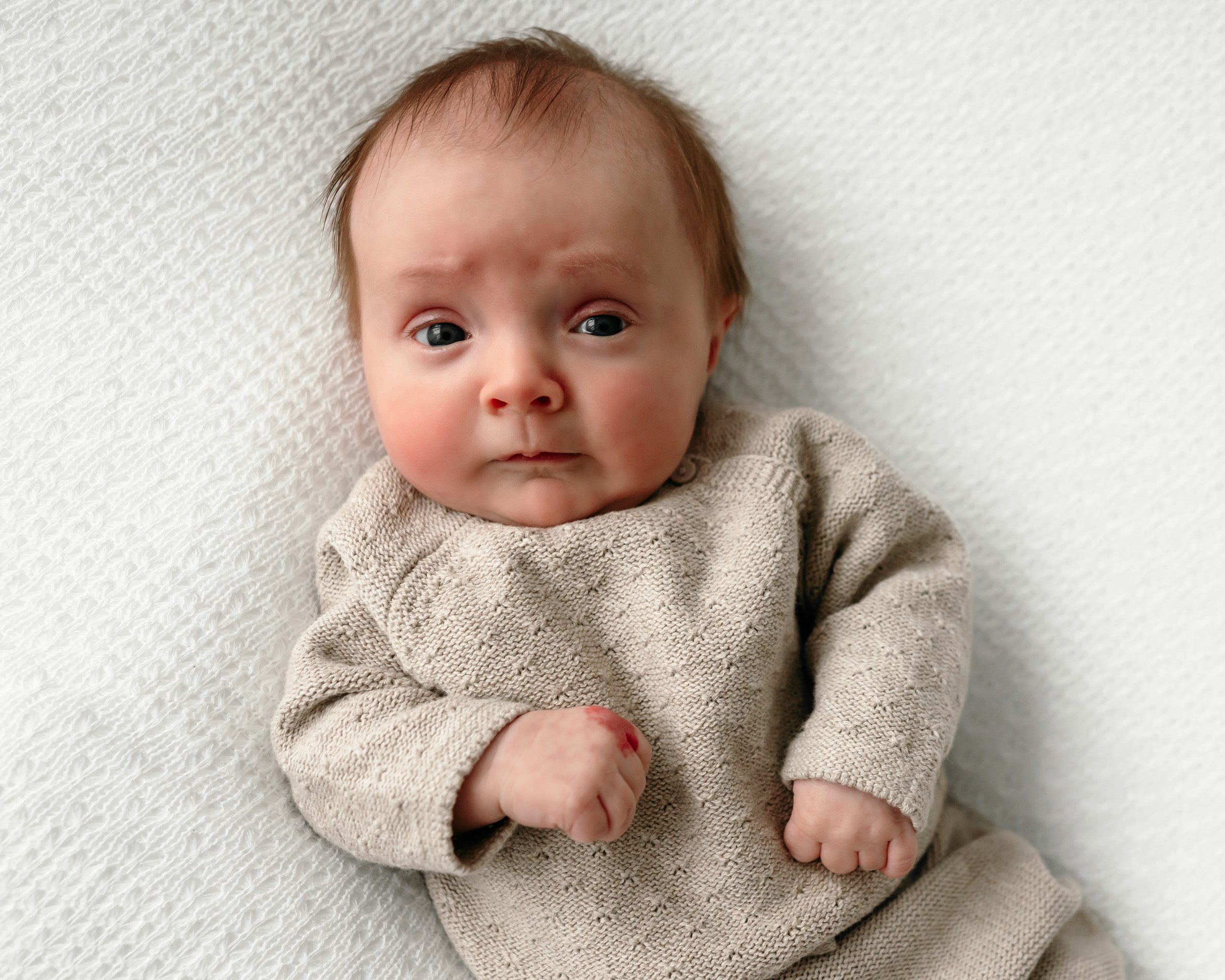 a baby boy laying on a white backdrop and looking directly into the camera during a newborn photoshoot