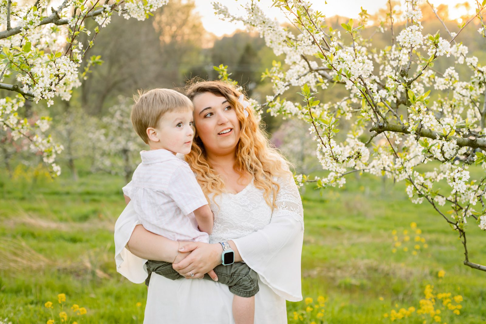 a mom standing in an orchard with white apple blossoms all around her holding her son in her arms and looking at the flowers during a spring photo session