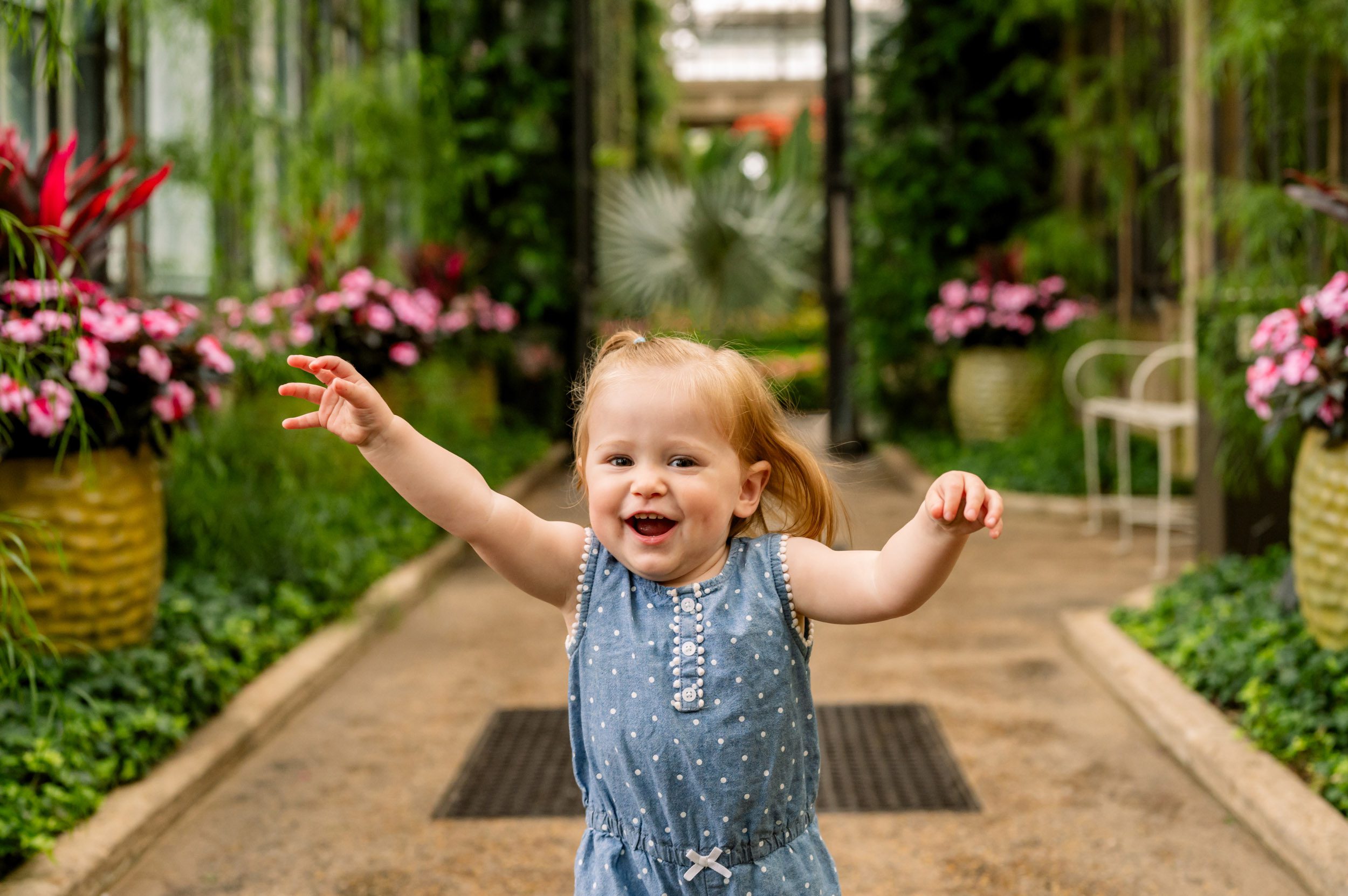 a young girl running down a path surrounded by flowers in bloom during a Longwood Gardens family photoshoot