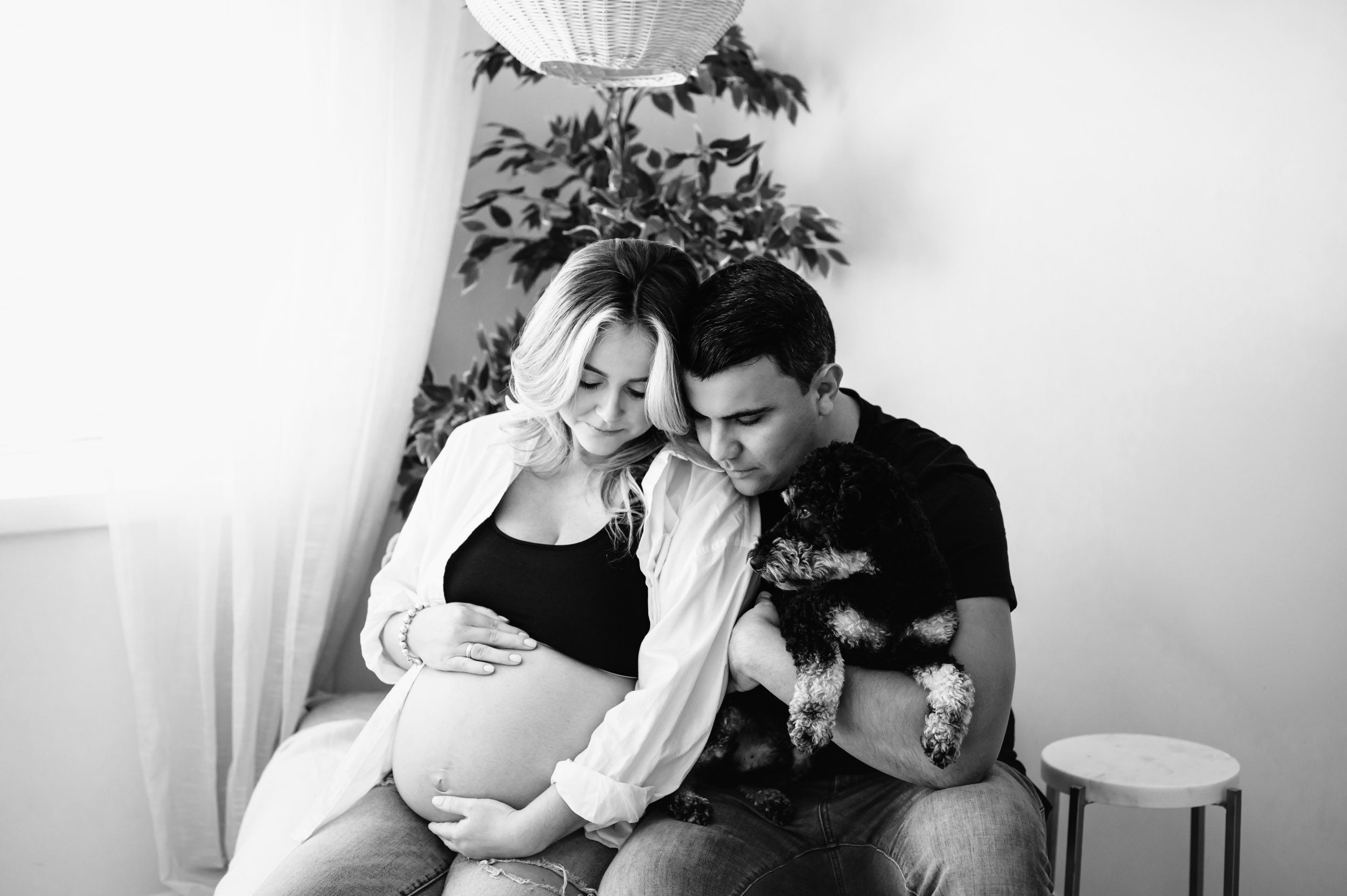 a black and white picture of expecting parents sitting on an oversized chair while dad's holds their pet dog in his lap as all three of them look at mom's belly during an in home lifestyle maternity photoshoot