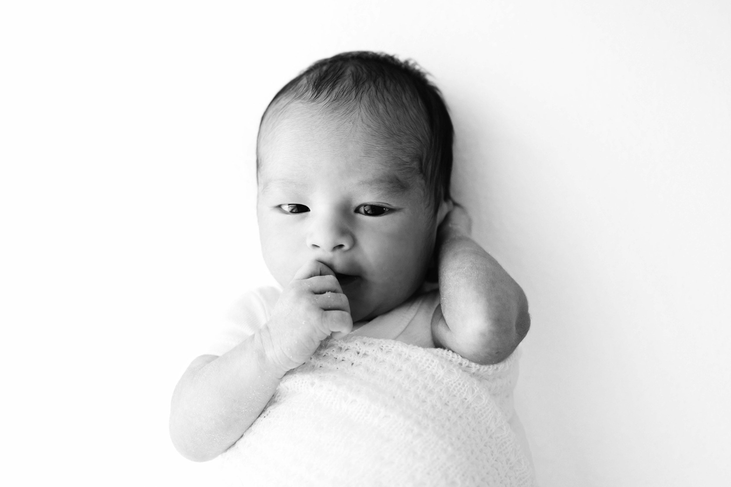 a black and white picture of a baby boy wrapped in a while textured swaddle blanket laying on a white backdrop and looking directly up at the camera while he touches his hand to his mouth