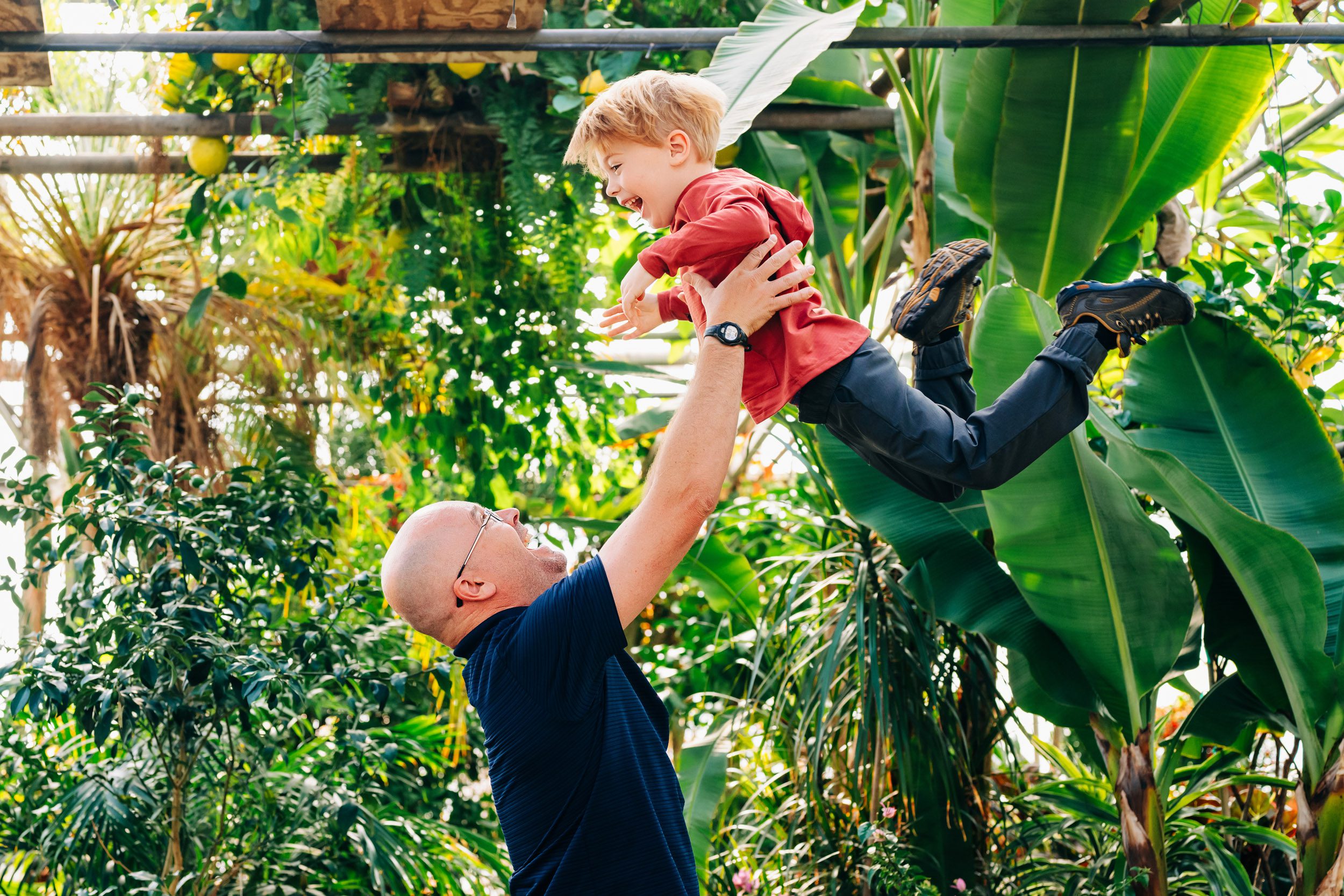 a father throwing his son up in the air as they both laugh during a greenhouse family photoshoot